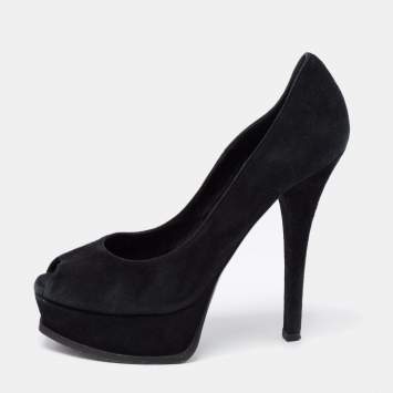 Pre Owned Fendi Black Suede Fendista Peep-Toe Platform Pumps Size 38.5
