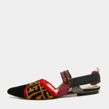 Pre Owned Fendi Multicolor Zucca Velvet Colibri Forever Logo Slingback Flat Sandals Size 41
