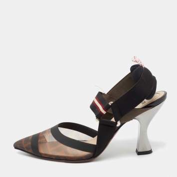 Pre Owned Fendi Black/Brown Mesh  And Canvas Colibri Slingback Pumps  Size 37