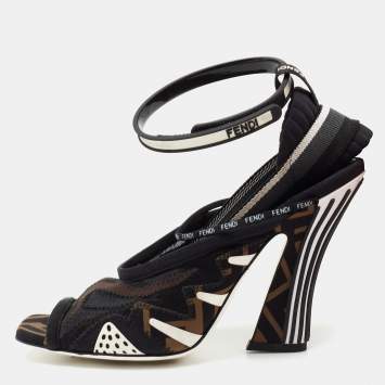 Pre Owned Fendi Black Canvas And Mesh Freedom Ankle Strap Sandals Size 37.5