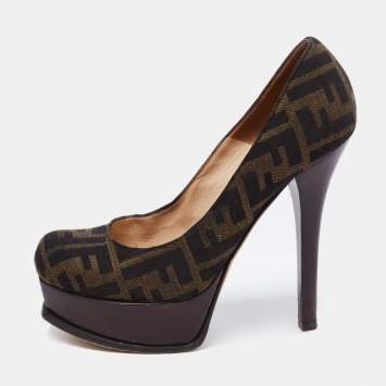 Pre Owned Fendi Brown Zucca Canvas Fendista Platform Pumps Size 37