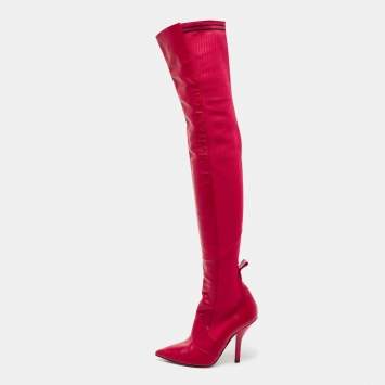 Pre Owned Fendi Red Leather And Striped Fabric Thigh High Boots Size 38