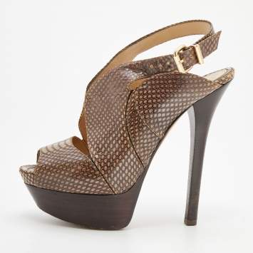 Pre Owned Fendi Brown Python Embossed Leather Platform Slingback Sandals Size 38