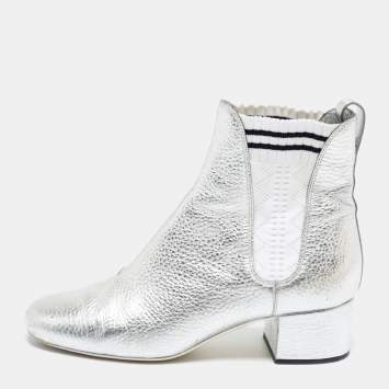 Pre Owned Fendi Metallic Silver Leather Block Heel Ankle Booties Size 38