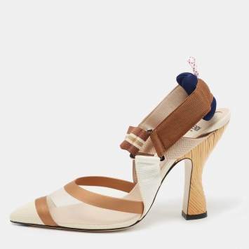Pre Owned Fendi Beige/Brown Mesh and Canvas Colibri Slingback Sandals Size 38