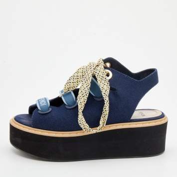 Pre Owned Fendi Dark Blue Denim Lace-Up Platform Sandals Size 39