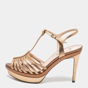 مملوكة مسبقًا Fendi Metallic Gold/Bronze Leather T Strap Platform Sandals Size 39