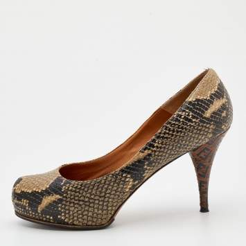 Pre Owned Fendi Beige/Black Snakeskin Embossed Leather FF Superstar Platform Pumps Size 39.5