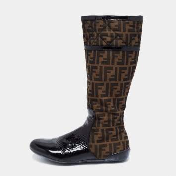 Pre Owned Fendi Brown Logo Canvas and Patent Leather Midcalf Boots Size 40