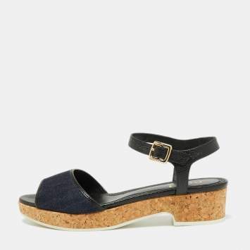 Pre Owned Fendi Navy Blue Denim And Lizard Embossed Leather Cork Platform Ankle Strap Sandals Size 41 