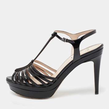 Pre Owned Fendi Black Patent Leather Strappy Platform Ankle Strap Sandals Size 40