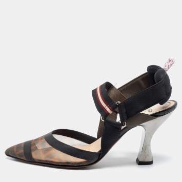 Pre Owned Fendi Brown/Black Zucca Mesh and Leather Colibri Slingback Pumps Size 38
