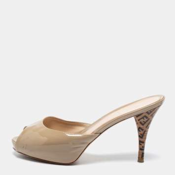 Pre Owned Fendi Taupe Patent Leather Peep-Toe Zucca Heel Slide Sandals Size 38.5