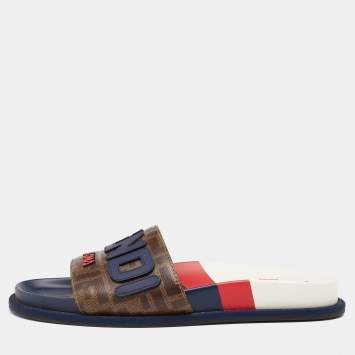 Pre Owned Fendi x Fila Mania Brown Zucca Coated Canvas Logo Applique Flat Slide Sandals Size 39.5