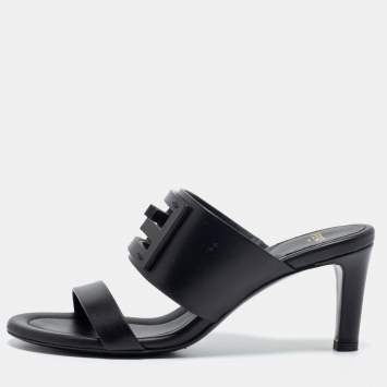 Pre Owned Fendi Black Leather Baguette Slide Sandals Size 37 