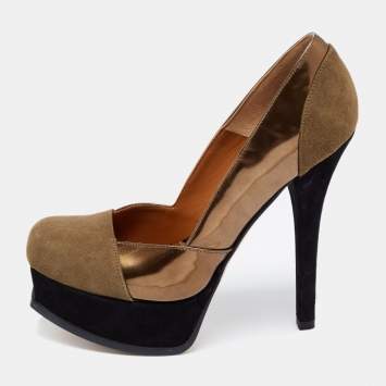 Pre Owned Fendi Olive Green /Gold Suede and Patent Leather Fendista Platform Pumps Size 37