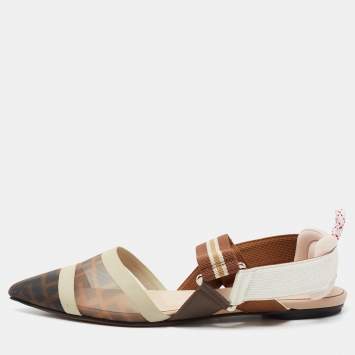 Pre Owned Fendi Tri-Color Zucca Mesh and Leather Slingback Ballet Flats Size 36