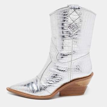 Pre Owned Fendi Silver Croc Embossed Leather Cowboy Boots Size 38 