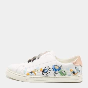 Pre Owned Fendi White Leather Logo Knit Rockoko Scallop Detail Slip On Sneakers Size 38