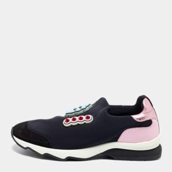 Pre Owned Fendi Black Fabric And Suede Fun Fair Logo Slip On Sneakers Size 38
