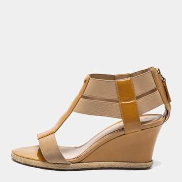 Pre Owned Fendi Beige Patent Leather and Elastic T-Strap Espadrille Wedge Sandals Size 36