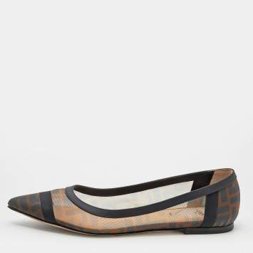 Pre Owned Fendi Brown/Black Zucca Mesh And Leather Trim Colibrì Ballet Flats Size 39