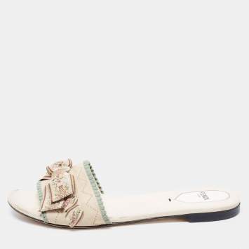 Pre Owned Fendi Beige Stretch Knit Fabric Bow Embellished Flat Slide Sandals Size 38.5