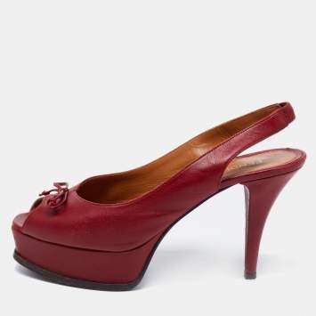 Pre Owned Fendi Red Leather Bow Peep Toe Slingback Platform Sandals Size 39