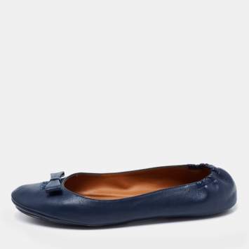 Pre Owned Fendi Navy Blue Leather Let's Dance Bow Ballet Flats Size 38
