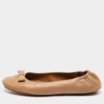 Pre Owned Fendi Beige Leather Bow Scrunch Ballet Flats Size 38
