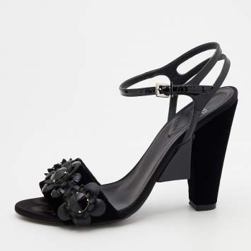 Pre Owned Fendi Black Velvet And Patent Leather Flowerland Jewel Ankle Strap Sandals Size 38.5