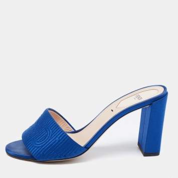 Pre Owned Fendi Blue Satin Logo Embroidered Block Heel Slide Sandals Size 39