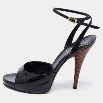 مملوكة مسبقًا Fendi Black Patent Leather Zucchino Heel Peep-Toe Ankle-Strap Sandals Size 39