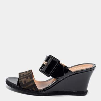 Pre Owned Fendi Black/Tobacco Patent Leather and Zucca Canvas Demi Wedge Sandals Size 40.5