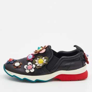Pre Owned Fendi Black Leather Flowerland Embellished Slip On Sneakers Size 36