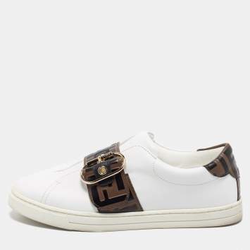 Pre Owned Fendi White/Brown Leather FF Low Top  Sneakers Size 37