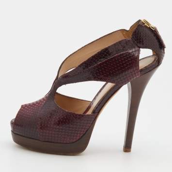 Pre Owned Fendi Burgundy Python Embossed Leather Strappy Peep Toe Platform Sandals Size 40
