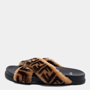 Pre Owned Fendi Two-Tone Zucca Print Shearling Fur Criss Cross Flat Slides Size 39