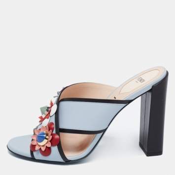 Pre Owned Fendi Light Blue Leather Flowerland Slide Sandals Size 38.5