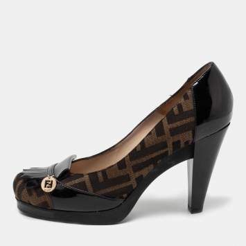 Pre Owned Fendi Brown/Black Zucca Canvas and Patent Leather Fringed Pumps Size 39.5