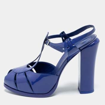 Pre Owned Fendi Blue Patent Leather T Strap Peep Toe Ankle Strap Sandals Size 40