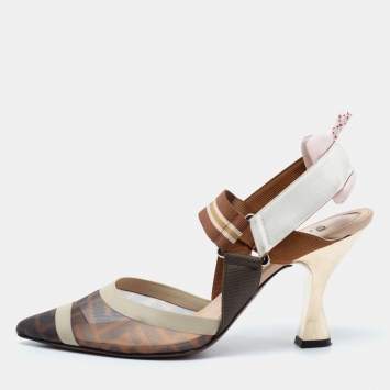 Pre Owned Fendi Multicolor Mesh And Leather Colibri Slingback Sandals Size 38.5 