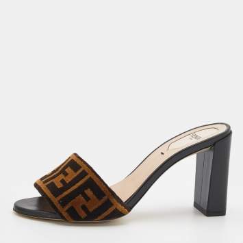 Pre Owned Fendi Brown Zucca Velvet Slip On Block Heel Slide Sandals Size 37.5