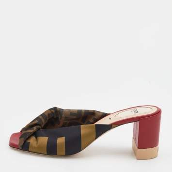 Pre Owned Fendi Brown/Black Logo Print Satin Twist Knotted Open Toe Block Heel Mules Size 37