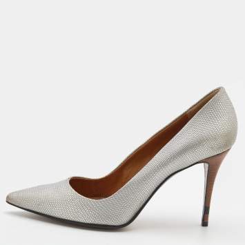 مملوكة مسبقًا Fendi Metallic Silver Lizard Embossed Leather Pointed Toe Pumps Size 38