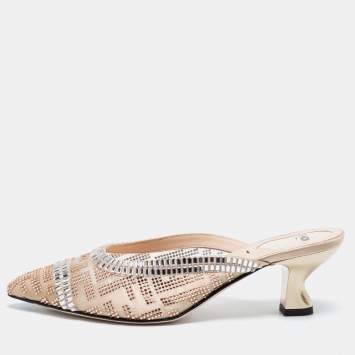 Pre Owned Fendi Pink Mesh Crystal Embellished Colibrì Pointed Toe Mules Size 37