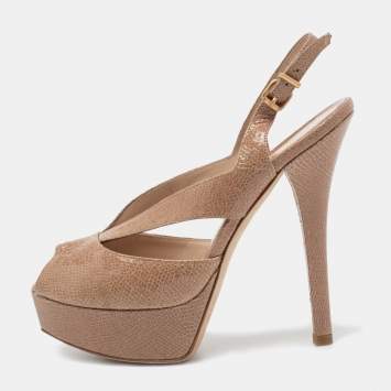 Pre Owned Fendi Light Brown Crackled Patent Leather Fendista Slingback Peep Toe Platform Sandals Size 38