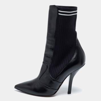 مملوكة مسبقًا Fendi Black Leather And Stretch Knit Rockoko Pointed Toe Ankle Boots Size 38