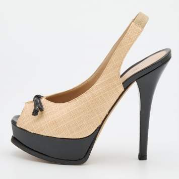 Pre Owned Fendi Beige Raffia Fendista Bow Peep Toe Slingback Platform Pumps Size 39
