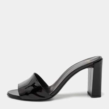 Pre Owned Fendi Black Patent Leather Logo Slide Sandals Size 39